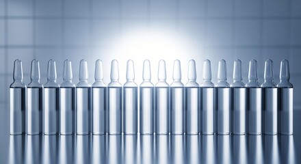 Fototapeta premium A clear uniform row of transparent glass medical ampoules arranged precisely on a reflective surface
