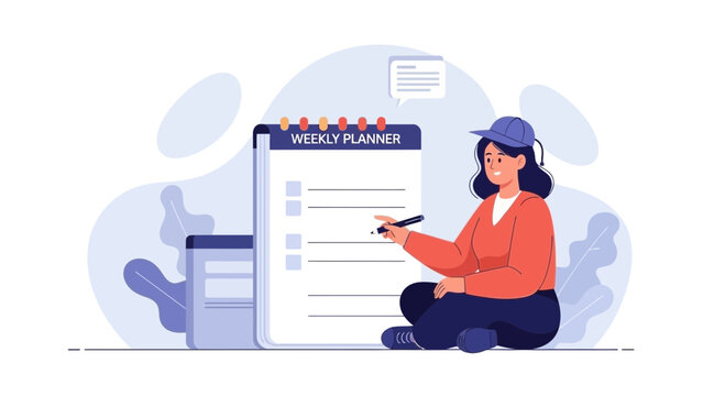 Young woman planning weekly schedule on a large notepad, flat illustration style
