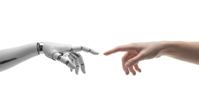 A robotic hand and a human hand reaching out to touch each other isolated on transparent background
