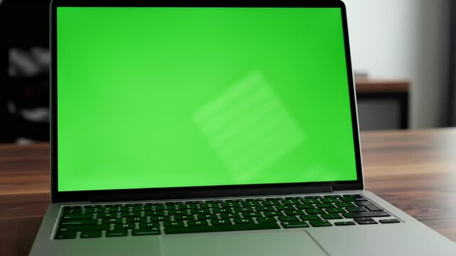 Close-up of a laptop with a blank green screen and visible keyboard