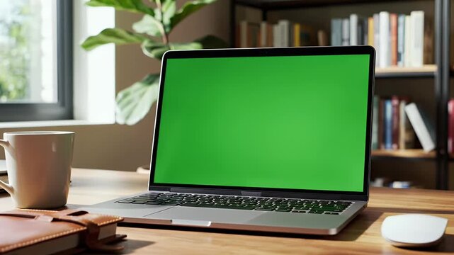 Laptop with green screen sits on wooden desk near mug, notebook, mouse
