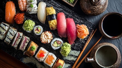 Assortment of fresh sushi and maki rolls served on a dark platter with chopsticks and tea cups © Ayesha