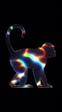 A monkey shimmering with various colored lights on a glass-like surface with an alpha channel. Seamless loop video.