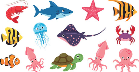 Cute Sea Animals Collection with Fish, Shark, Jellyfish, Turtle, Crab, Octopus and Starfish in Colorful Flat Vector Illustration © MdNazmul