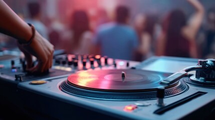 Naklejka premium DJ Mixing Music at a Lively Party with Colorful Lights and Crowd in Background