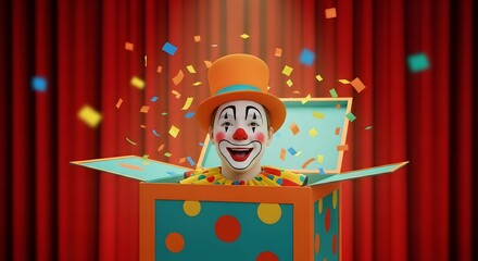 A joyful clown popping out of a colorful box on stage