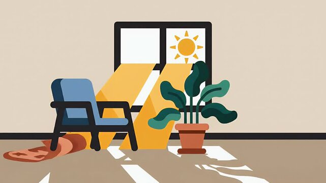 A blue armchair and a potted plant sit bathed in sunlight streaming through a window