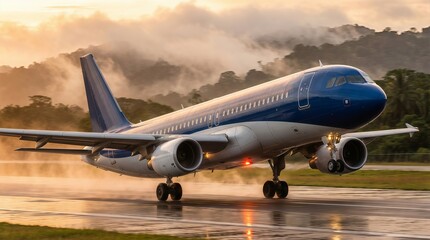Commercial Airplane Landing on Wet Runway at Golden Sunrise in Tropical Airport