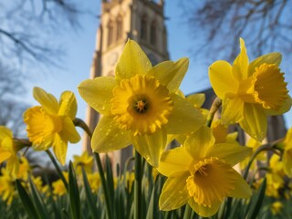 Obraz premium Bright yellow daffodil flowers blooming in spring garden with blurred historic church tower in background. Low angle view of narcissus flowers against blue sky. Easter and spring season concept.