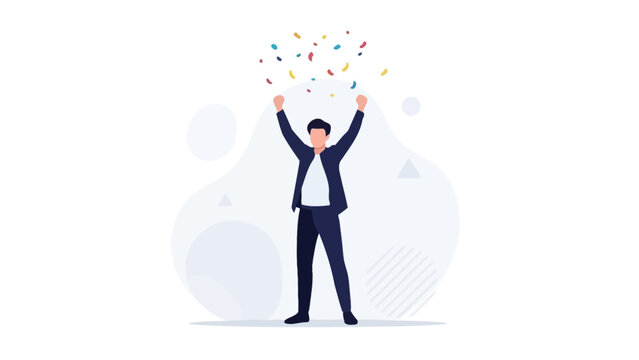 Man celebrating success with confetti and raised arms vector illustration