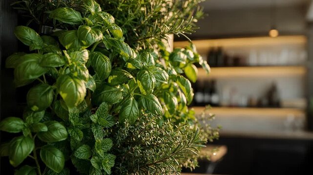 Closeup medium shot of vibrant indoor herbs thriving on a wallmounted garden with a softly blurred modern bar backdrop enhancing the cozy ambiance.