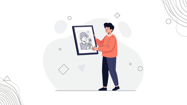 Man holding framed portrait of himself, abstract background