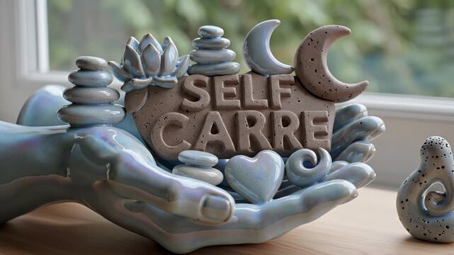 A delicate ceramic sculpture of hands holding symbolic elements for self-care