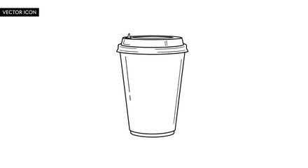 Vector icon of a disposable coffee cup with lid, black and white line art on white background.