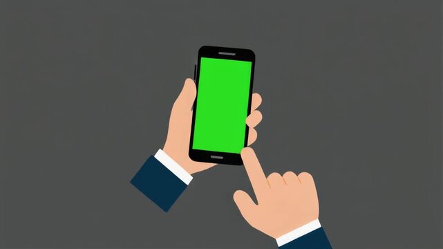 Cartoon hands holding a black smartphone with a vibrant green screen tapping or swiping perfect for chroma key editing of mobile app user interface content