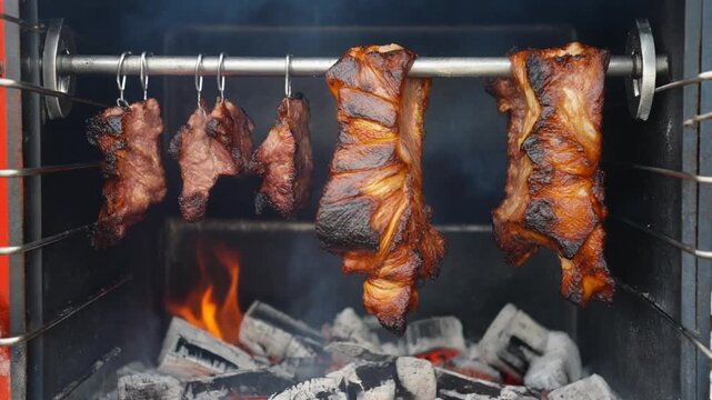 Delicious caramelized pork ribs and meat cuts hanging on hooks above burning embers and flames in an outdoor barbecue smoker grill.