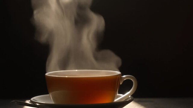 Steaming hot cup of tea on saucer isolated on dark background