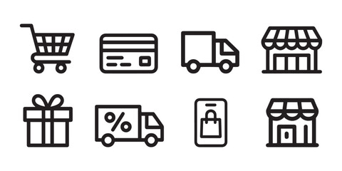 Modern E-commerce Shopping and Delivery Outline Icons Collection for Digital Business and Retail.