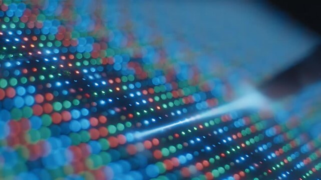 A finger touches a bright blue energy vortex surrounded by colorful glowing dots