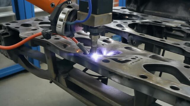 Robotic arm performing precision welding on a complex metal frame in an industrial manufacturing facility.