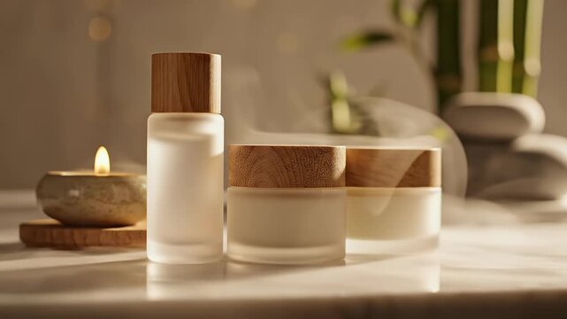 Frosted skincare containers with wooden lids, lit candle, and smoke
