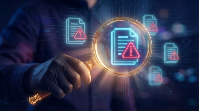 A hand in a dark glove holds a glowing magnifying glass over a digital document with a red warning sign, indicating error.