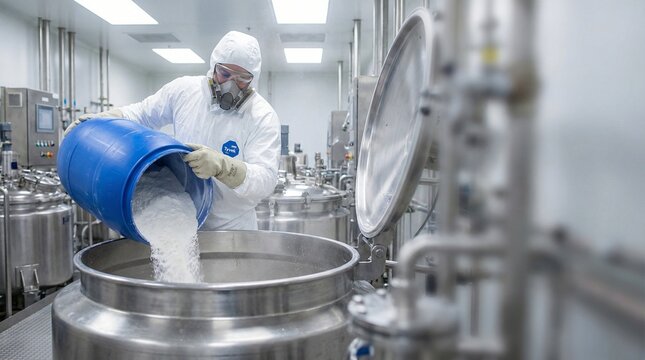 Scientist in protective suit pouring powder from blue barrel into large stainless steel industrial mixing tank