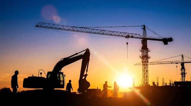 Silhouettes of construction workers and heavy machinery, including cranes and excavators, against a dramatic sunset.