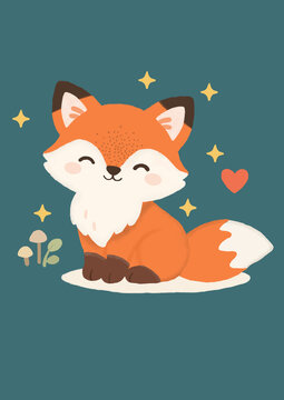 Raposa ador&aacute;vel ao lado de cogumelos e cercada por estrelas - Ilustra&ccedil;&atilde;o infantil feita a m&atilde;o isolado no fundo azul