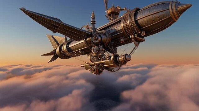 Magnificent steampunk airship soaring high above fluffy clouds during a magical golden hour sunset journey across an enchanting sky vista