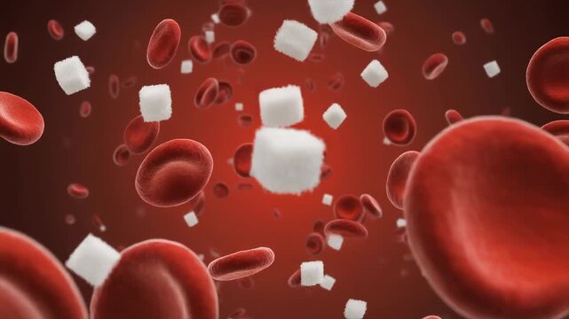 Red blood cells floating with sugar crystals in a detailed medical illustration depicting high blood glucose levels and diabetes awareness