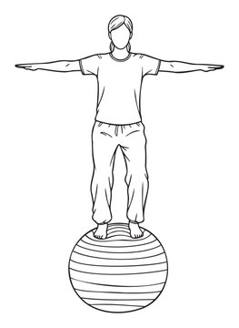 An individual practicing balance and core stability by standing barefoot on an exercise ball with arms outstretched, perfect for fitness tutorials, wellness program guides, and health