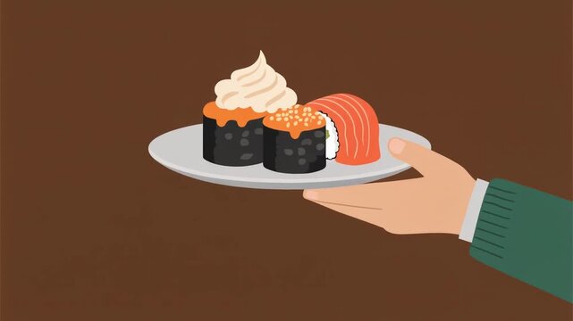 A hand presents a plate of Japanese sushi a fresh salmon maki roll and two gunkan pieces with cream and sesame toppings a vector illustration
