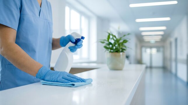 A healthcare worker in blue scrubs and gloves cleans a white counter with spray and a cloth in a hospital hallway.