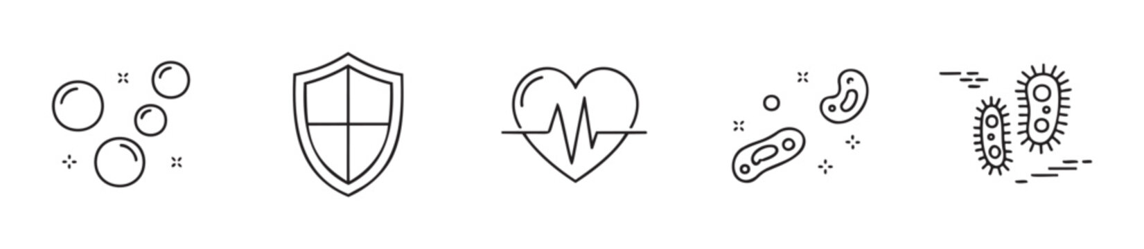 Collection of line icons symbolizing hygiene, overall health, and defense against germs, suitable for healthcare industry presentations, wellness product branding, and public safety