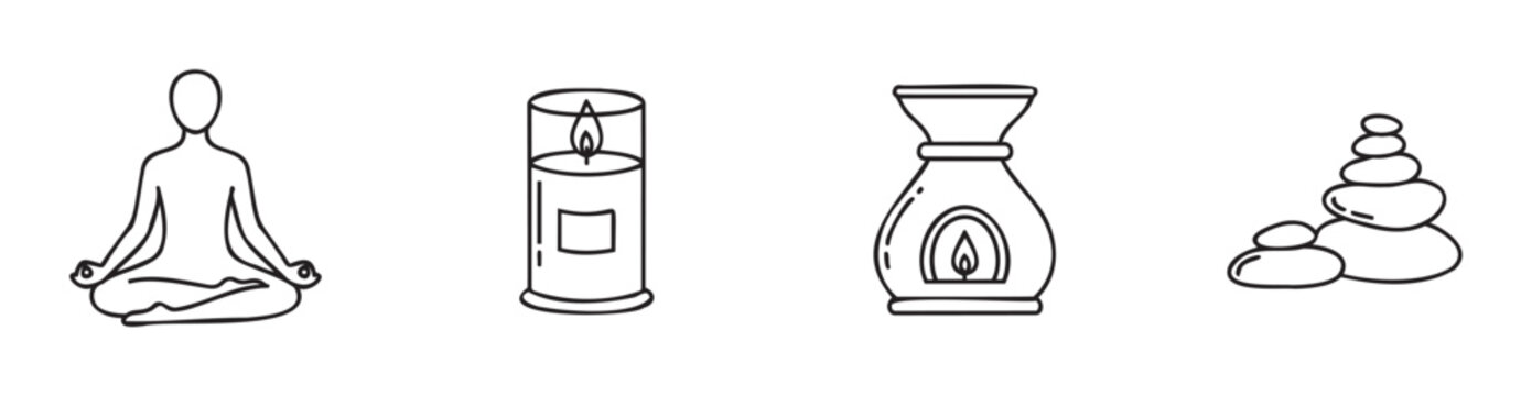 Serene mindfulness and holistic health lineart symbols representing inner peace, tranquility, and selfcare, ideal for wellness programs and spiritual guidance resources and applications.