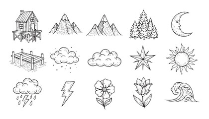 Hand sketched collection of natural and atmospheric elements for depicting outdoor scenery, seasonal changes, and environmental concepts in various media projects