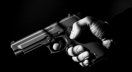 Naklejka premium Gritty black and white close-up of a hand gripping a pistol in dramatic shadows, evoking suspense, danger, and criminal themes.