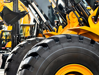 Heavy duty construction equipment wheels in a mechanical yard showing hydraulic details and robust design
