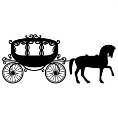 Vintage horse carriage silhouette, black and white vector illustration, ornate royal carriage, detailed floral decorations, engraving style, high contrast