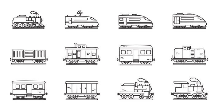 Collection of diverse railway transportation outlines for modern and classic locomotive projects illustrating various passenger and cargo train types suitable for educational resources