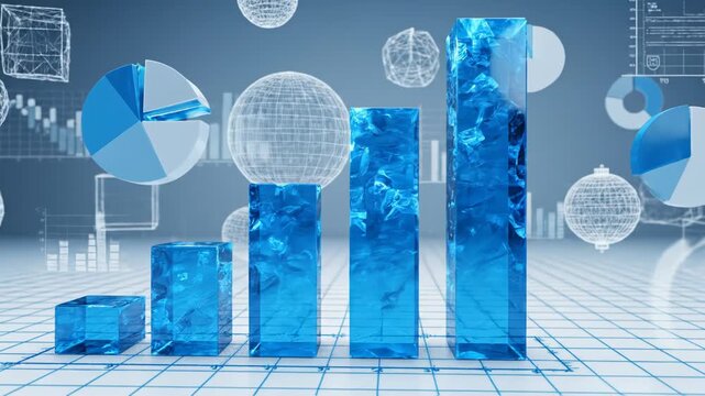 3d bar graph with blue blocks and wireframe elements on grid