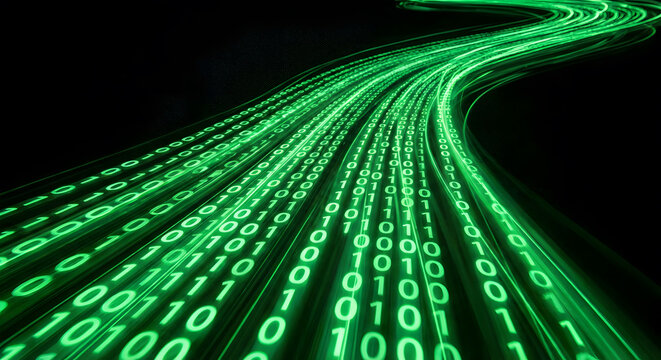 Glowing green binary code stream flowing like a digital highway, abstract matrix data background, high speed internet concept.
