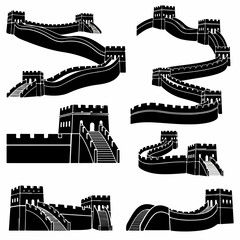 Great Wall of China silhouette set vector illustration
