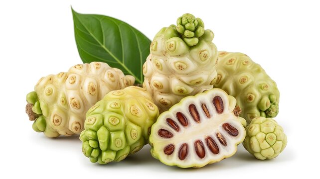 Fresh noni fruit tropical nutrition herbal supplement organic wellness exotic superfood medicinal leaves healthy natural antioxidant