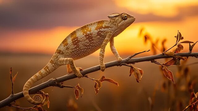 Chameleon on branch against stunning sunset wildlife photography