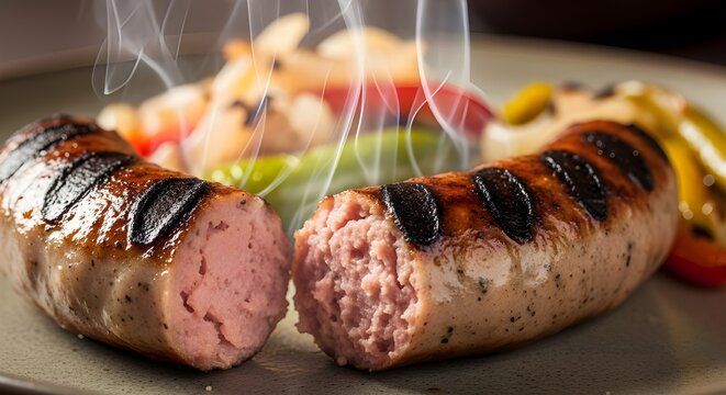 Juicy Bratwurst Grilled With Caramelized Onions And Peppers Charred On Top, German Style Sausage Platter, Savory Grilled Meat For Summer BBQ