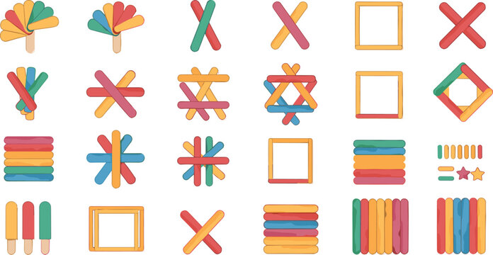 Colorful Popsicle Stick Shapes and Frames Collection with Creative Craft Elements for Kids DIY Projects and Educational Vector Design.