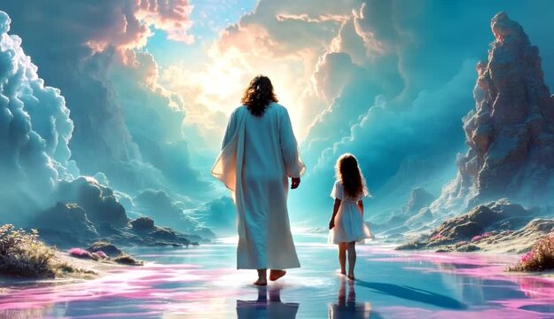 Jesus and a Child Walking Under a Beautiful Sky