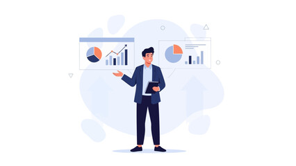 Business Man Presenting Financial Growth Charts and Graphs